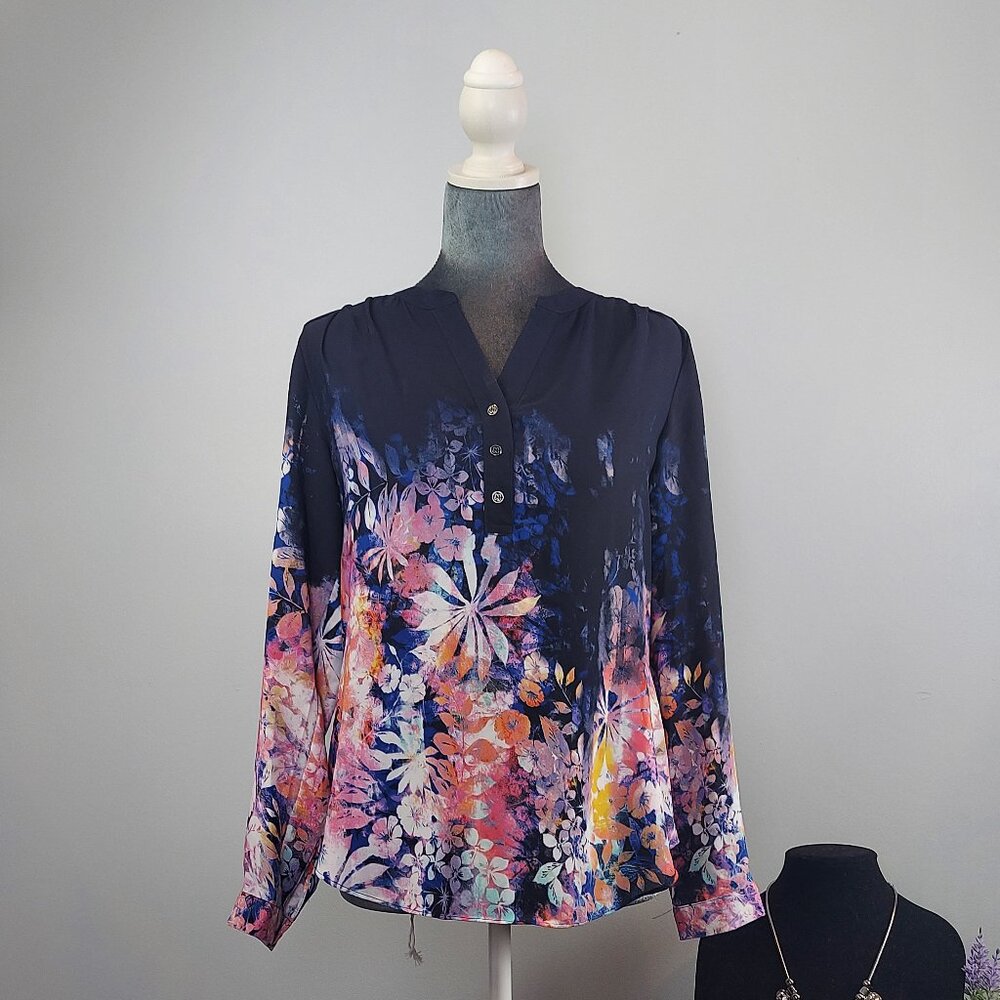 ZAC & RACHEL PETITE FLORAL AND NAVY SHEER BLOUSE WITH ROLL-TAB SLEEVES (PS)